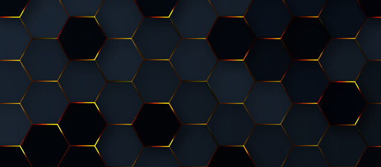 Abstract geometrical honeycomb black background with orange hexagonal pattern. Science or technology abstract background using hexagonal shapes. Hexagon background for any design and decoration.