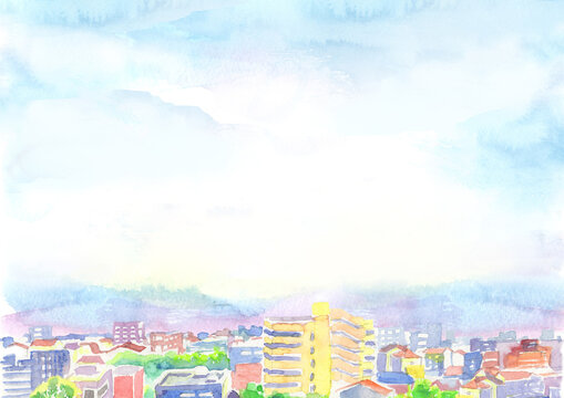 水彩で描いた都会の街並みの風景イラスト