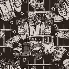 Seamless pattern with gorilla gangster in car