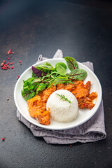 rice meat tomato sauce and salad leaves mix fresh meal food snack on the table copy space food background 
