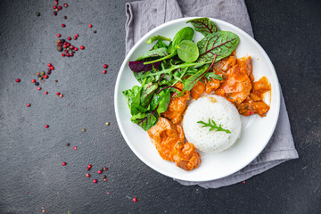 rice meat tomato sauce and salad leaves mix fresh meal food snack on the table copy space food background 