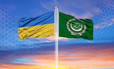 The flag of Ukraine and the Arab League on the flagpole and the blue sky