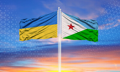Ukraine and Djibouti two flags on flagpoles and blue sky..