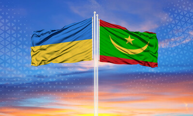 Ukraine and Mauritania two flags on flagpoles and blue sky..