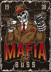 Mafia vintage poster with skeleton boss