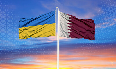 Ukraine and Qatar two flags on flagpoles and blue sky..