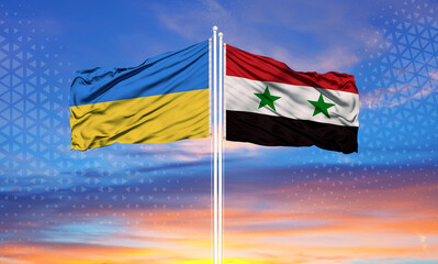 Ukraine and Syria two flags on flagpoles and blue sky..