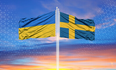 Ukraine and Sweden two flags on flagpoles and blue sky..