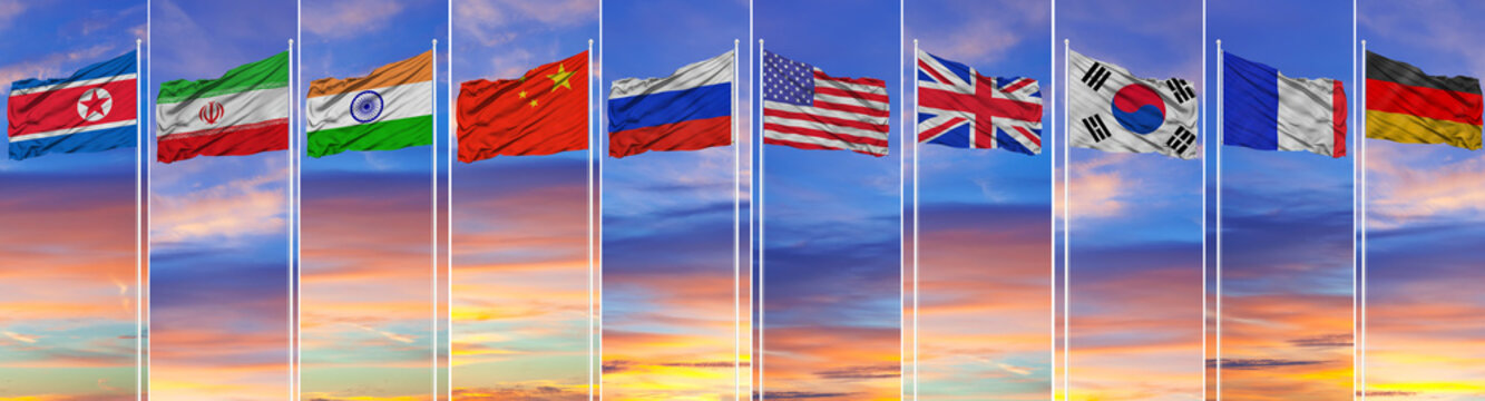 Flags of the allies of Russia and America. The concept of conflict in the world and the tense relations between Russia and Ukraine