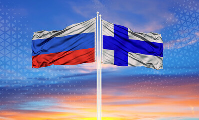 Russia and Finland flag waving in the wind against white cloudy blue sky together. Diplomacy concept
