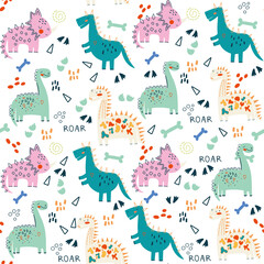Childish seamless pattern with hand drawn dino in scandinavian style. Creative vector childish background for fabric, textile