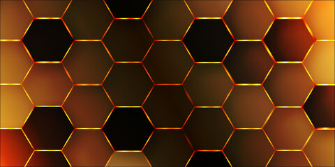 Abstract geometrical honeycomb black background with orange hexagonal pattern. Science or technology abstract background using hexagonal shapes. Hexagon background for any design and decoration.