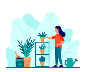 Woman care from plant in flower pot, hobby home garden. Green zone in house, plant and flower. Vector illustration