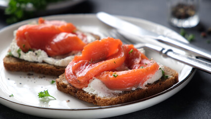 Rye bread toast with cream cheese and smoked salmon on plate, closeup view