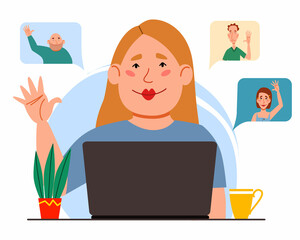 Illustration of a virtual meeting with different people who say hello. The concept of an online meeting with young men and women. Freelancers greet each other. Vector illustration in a flat style