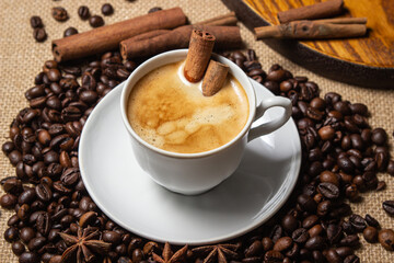Espresso coffee with cinnamon on the background of coffee beans. Cinnamon stick in a cup of coffee. tonic drink