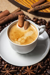 Espresso coffee with cinnamon on the background of coffee beans. Cinnamon stick in a cup of coffee. tonic drink