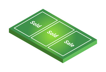 Vector isometric illustration with the concept of a land market isolated on a white background. Land for sale and land sold. Residential, commercial, industrial, agriculture fields. Real estate icon.