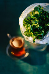 Herbal tea with fresh mint. Bunch of fresh mint