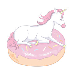 Cute Unicorn vector on cupcake donut muffin and tea time sweet dessert pastel color, Kawaii illustrations isolated on white. Kid food bakery product fabulous fashion child d?cor cafe shop, Invitation.