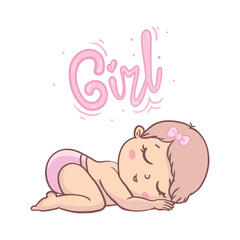 A little girl with a pink bow. Children's doodle drawing vector illustration in pink color.