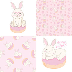 Cute Rabbit And Donuts Illustration. Animal Flat Cartoon Style