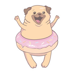 Puppy Pug with a pink donut. Love is sweet - lettering quote. Humor poster, t-shirt composition, hand drawn style print. Vector illustration.