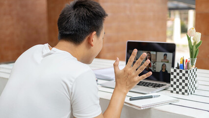 Online studying concept the young university student meeting his classmates for the first time on...