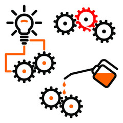 Set of icons with cogwheel mechanism. Pictograms with gears, light bulb, broken gear and oil can. Vector illustration.

