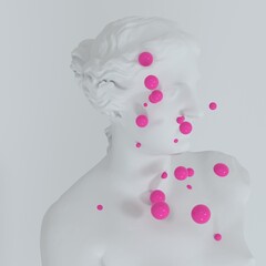 Surrealistic 3D illustration of the statue of Venus de Milo and pink spheres around it.