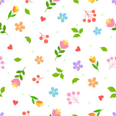 Colorful flowers, leaves, berries and hearts on a white background. Spring doodle simple pattern. Suitable for wrapping paper, textile.