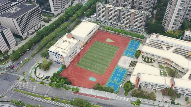 Aerial view of CBD of Foshan, Guangdong, China with the Qiandenghu Lake.