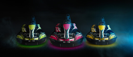 Racing karts without pilot on black background. Karting concept for design. Racing balid front view