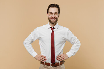 Young smiling happy successful employee business man corporate lawyer 20s in classic formal white...