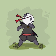 cute character panda playing samurai illustration