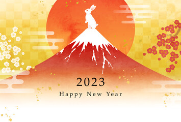 水彩の富士山とうさぎと初日の出の2023年年賀状のベクターイラストテンプレート(赤富士,うさぎ,兎,卯,年賀,和柄,和,正月,日本,元旦,コピースペース,holiday,art)