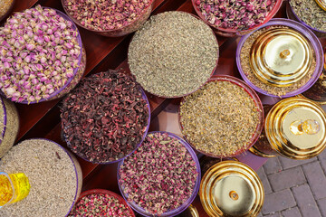 Iranian organic Saffron,dried flowers, fragrant herb leaves, and seedpods used as flower confetti...