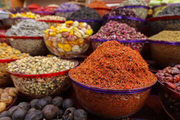 Iranian organic Saffron,dried flowers, fragrant herb leaves, and seedpods used as flower confetti or potpourri