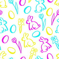 Vector easter seamless pattern: yellow, pink, blue eggs, rabbits, tulips, narcissus on white. Cute holiday design for textile, wrapping paper.