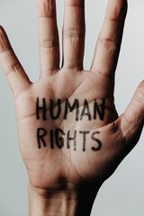 the text human rights in his hand