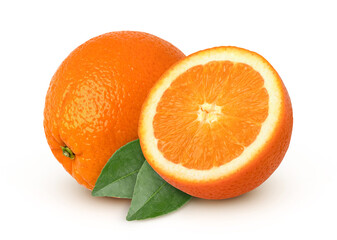 Orange with leaves and half isolated on white background, cut out