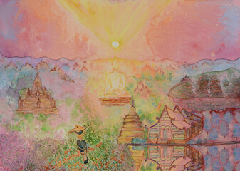 Sacred site painting. Buddhist temple, stupa, reflected in a pond and hornbill bird eating a fig during majestic sunset and Buddha statue in the background