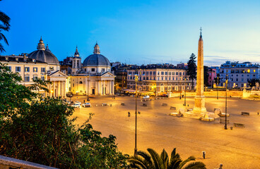 Piazza del Popolo (People's Square), Rome, Italy. Churches of Santa Maria in Montesanto and Santa...