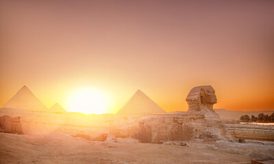 Banner Main tourist view famous wonder of world Sphinx and pyramids Giza, Egypt sunset sky