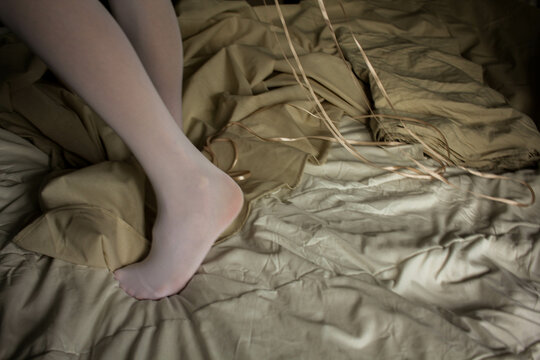women's feet in white stockings white socks on the bed style background screensaver picture decor nostalgia romance picture for classical music