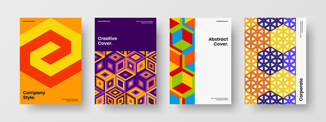 Multicolored cover A4 vector design template composition. Minimalistic mosaic hexagons presentation concept bundle.