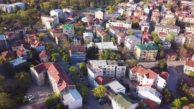 Aerial footage of Skopje, North Macedonia, with empty streets during full quarantine at the beginning of the worldwide covid 19 pandemic. View of Debar Maalo in the city Center