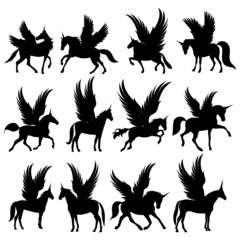 pegasus set silhouette, collection isolated vector