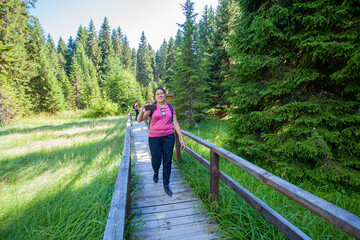 Fototapeta na wymiar Happy woman on wooden footpath over grassy wetland at natural reserve . Summer sunny day. Pine forest in background. 