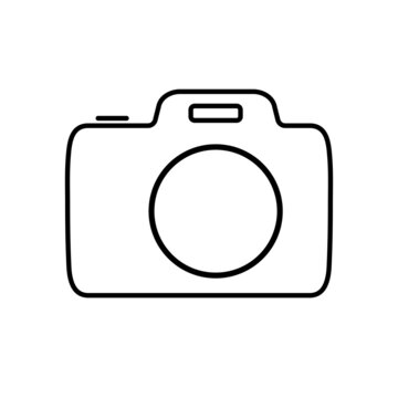 Silhouette of a camera in the form of an icon for snapshots of photos, flat linear style camera design for photographers. Isolated on a white background. Vector graphics